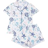 MakeMeChic Women's 2 Piece Pajama Set Starfish Button Down Shirt and Shorts Pjs Lounge Sets