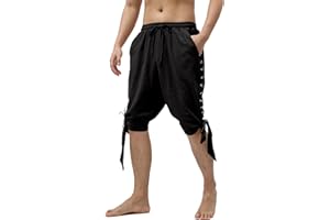 Heyigrow Mens Pirate Shorts Renaissance Viking Costume, Medieval Lace-up Banded Pants Cotton Linen Cosplay Outfitss