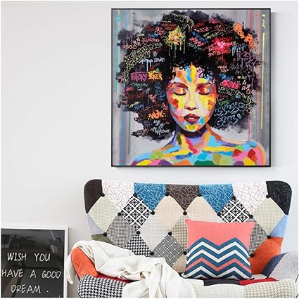 Yking1 African Girl With Letters Wall Art Canvas Modern Pop Wall Graffiti Art Paintings Black Woman Picture Home Decor 50x50cm Unframed Amazon Co Uk Welcome