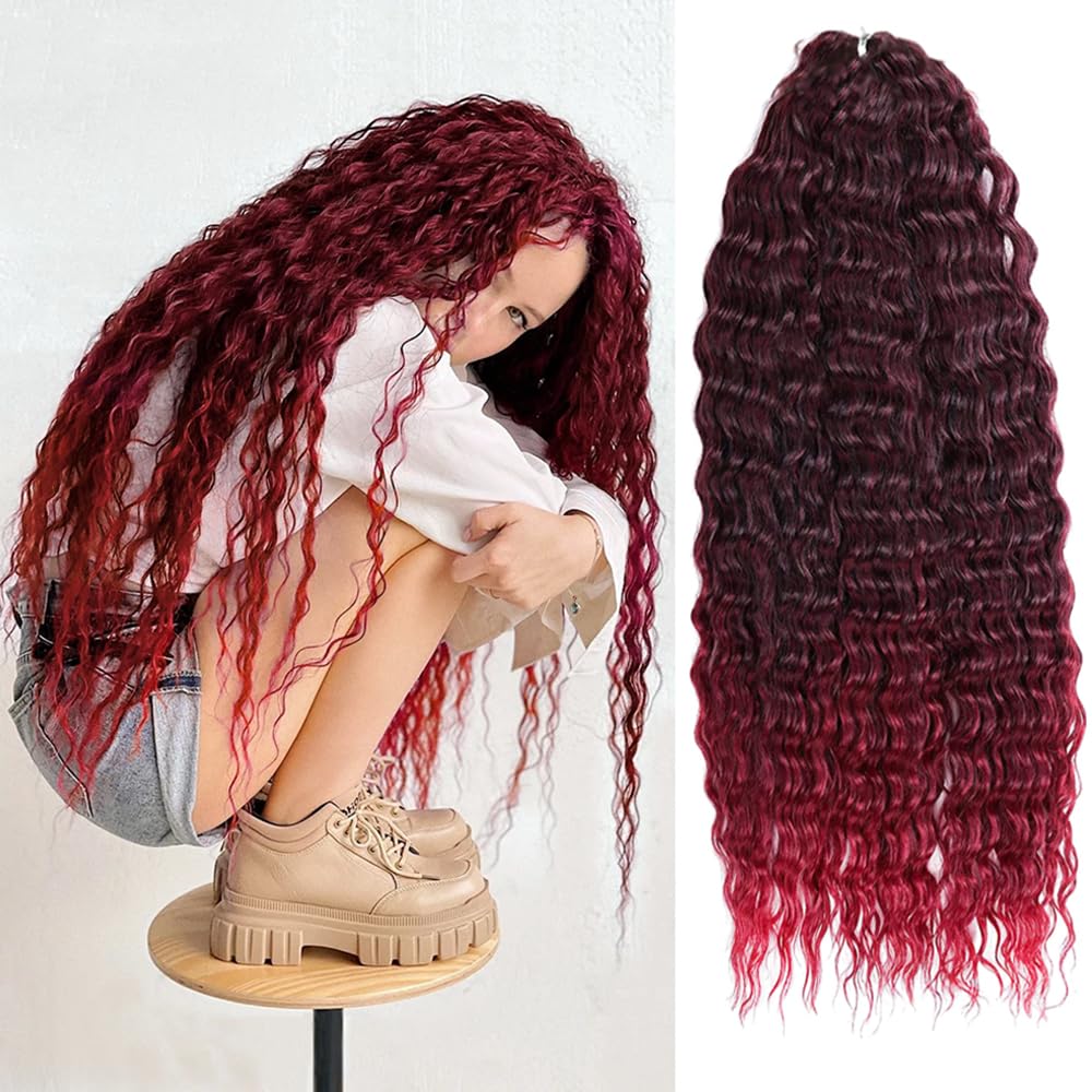 YEESHEDO 3 Packs 22inch Deep Twist Crochet Hair Ocean Curly Bohemian Crochet Braids Deep Wave Hair Bundles Synthetic Hair Extensions Black to Red for Women Ladies — image 1
