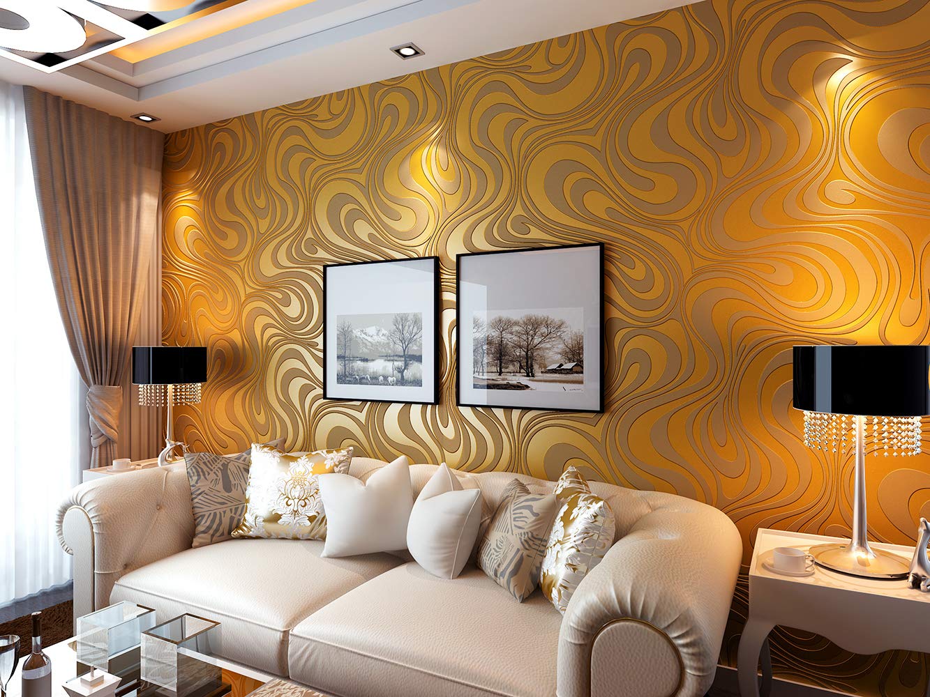 KeTian Modern Luxury 3D Abstract Curve Wallpaper Non-Woven Flocking Strips for Living Room/Bedroom Wallpaper Roll 0.7m (2.29' W) x 8.4m (27.56' L) = 5.88㎡ (63.11 sq.ft) (Gold&Yellow)