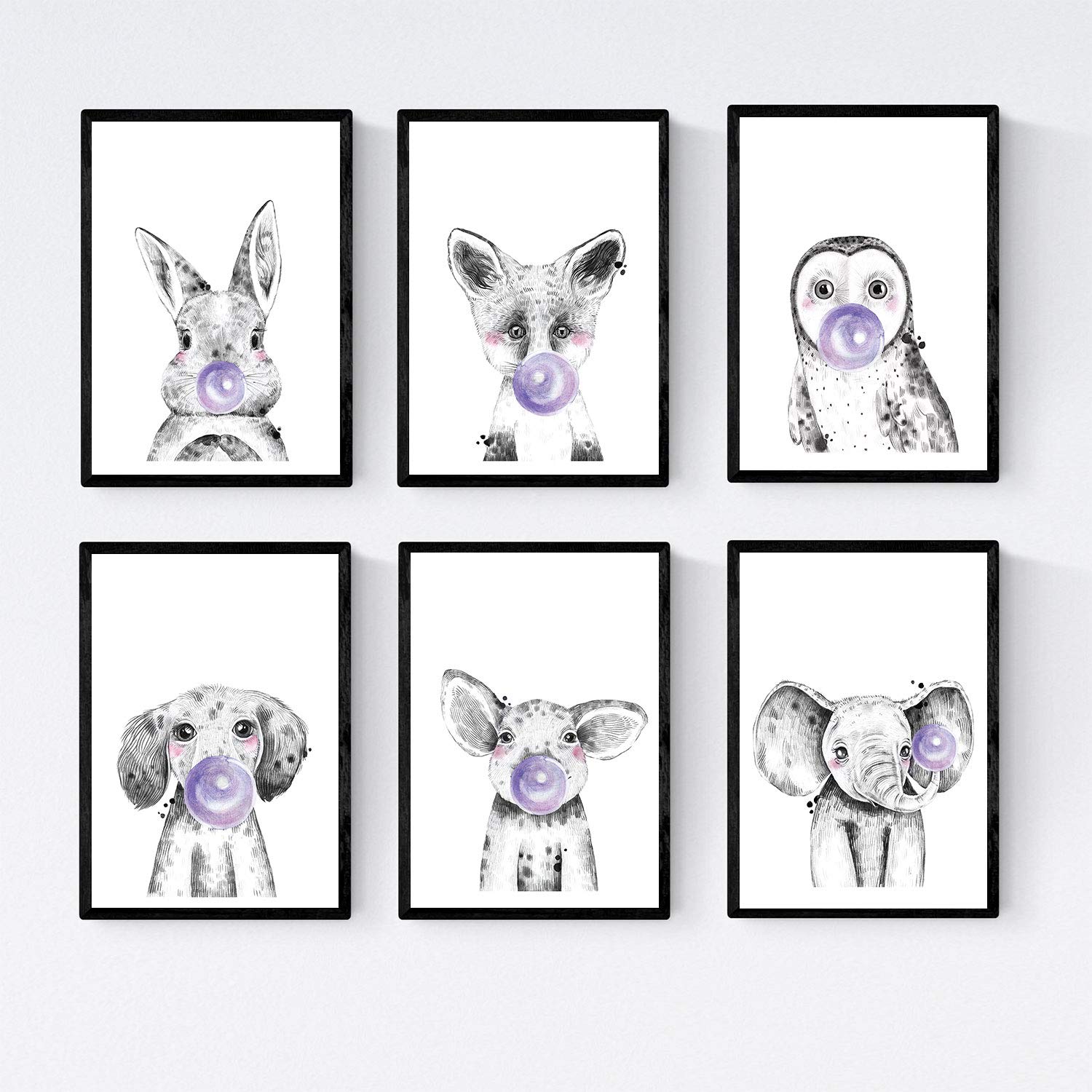 Nacnic September 6 posters baby animals with bubblegum. Elephant Pig Rabbit Fox Owl Perro.Tamao A3