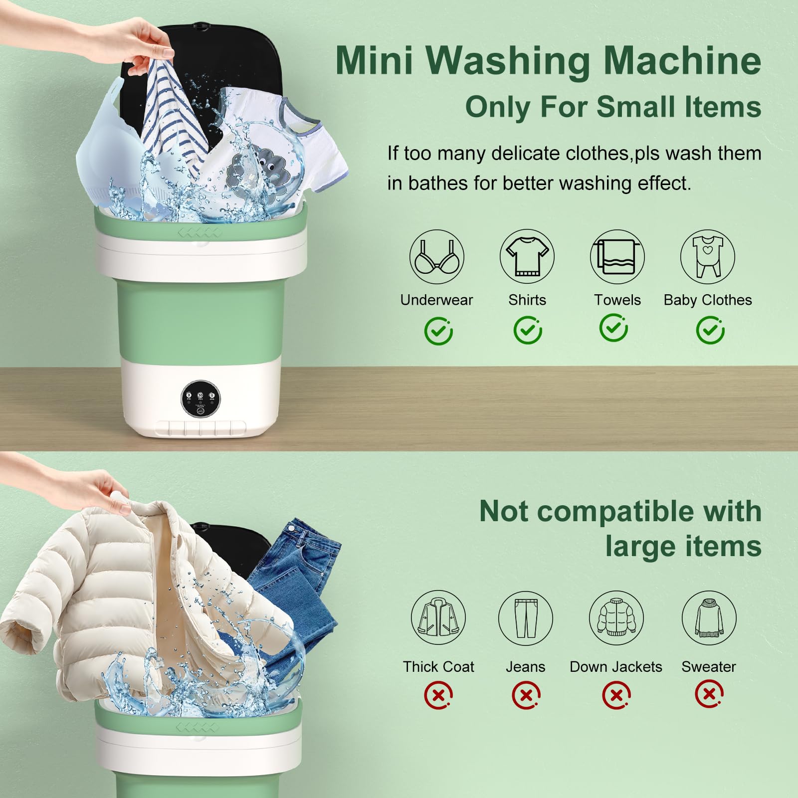 Portable Washing Machine, 12L Upgraded Mini Washing Machine With Spin Basket, Foldable Washer Cleaning for Underwear, Baby Clothes Socks and Small Items, Small Washer for Apartments, Dorm,RV (Green)