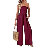 MASCOMODA One Piece Jumpsuits for Women Strapless Smocked Casual Rompers Long Pants with Pockets Vacation Summer Outfits