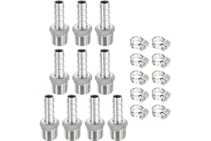 METALLIXITY 10pcs 304 Stainless Steel Hose Barb to NPT Male Adapter 1/2" Barb x 1/2" NPT Male with 10pcs Stainless Steel Hose