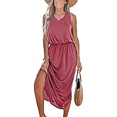 CUPSHE Women Knit Summer Dress Cover Up Crew Neck Elastic Waist Side Slit Midi Casual Sundress Beach Cover Up Dresses