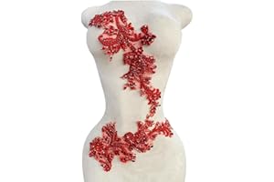 XZG.BEATAL Handmade Rhinestones Bodice lace Applique handsewing Beads Sequins Trim Patches for Dress Clothes Accessories one Set/Bag 5.5X14inches (Red)