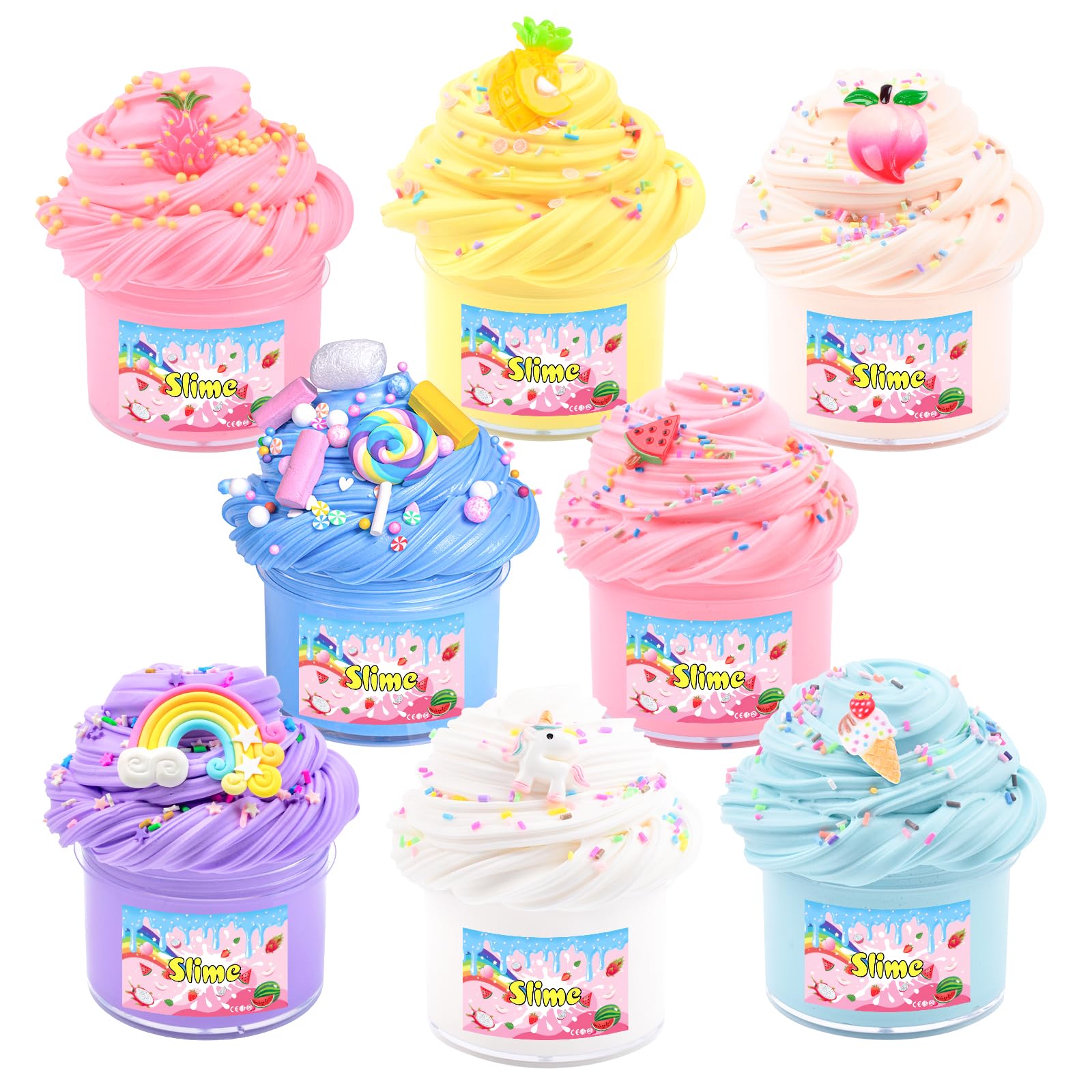 8 Pack Butter Slime Kit for Kids, Fluffy Scented Butter Slime Party Favors with Peach, Unicorn, Rainbow Charms, Birthday Gifts for Girl Boys, Stretchy Non-Sticky, Super Soft DIY Stress Relief Toy — image 1