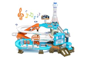 RISUNTOY 53PCS Space High-Speed Rail Adventure Track Set-Electric Elevator, Rotating Slide, 3 Mini Police Cars & Train, Lights & Music, Interactive Adventure Playset Fun for Kids 3+, Ideal Gift