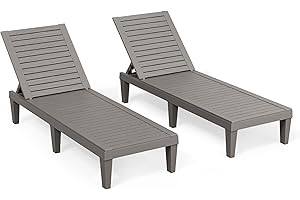 NBYSGO Outdoor Chaise Lounge Chairs Set of 2, 5-Position Adjustable Tanning Lounge Chairs with Wood Texture, All-Weather Resin Patio Lounge Chair for Pool, Garden, Deck, Beach, Striped Grey