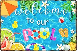 Lebsitey Welcome to Our Pool Tin Sign, Swimming Pool Metal Tin Sign, Decor Pool Gifts for Pool Summer Garden Outdoor Decorations, 12x 8 Inch (Summer Pool)