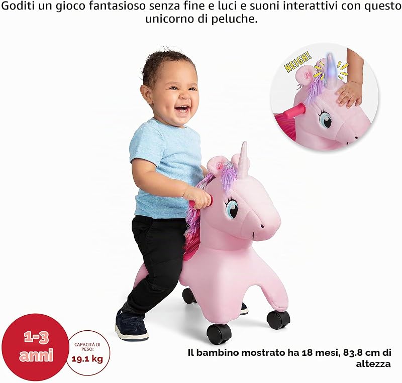 Shimmer l'Unicorno Magico con luci e suoni interattivi, giocattolo cavalcabile rosa, per bambini da 1 a 3 anni