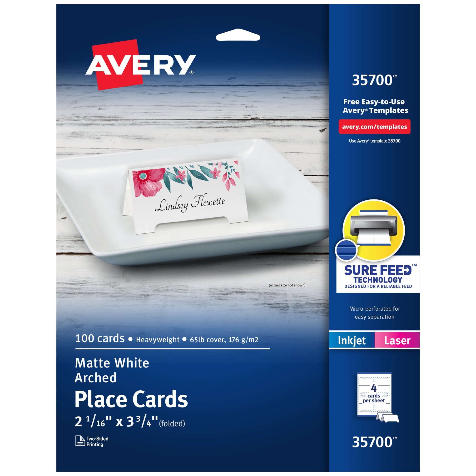 Avery Printable Arched Tent Cards with Sure Feed Technology, 2-1/16" x 3-3/4", White, 100 Blank Place Cards for Laser or Inkjet Printers (35700)