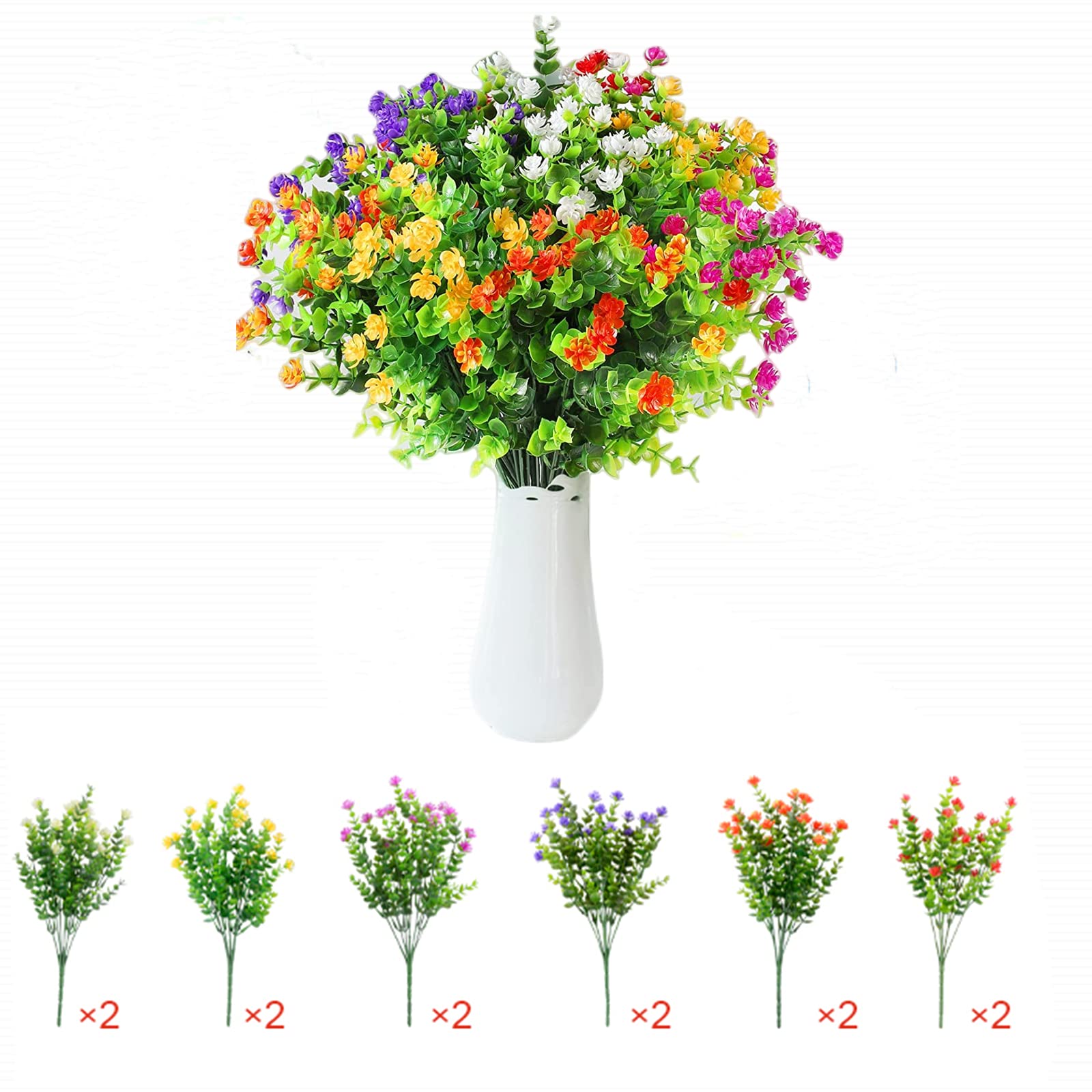 Siganorpy 12 Bundles Artificial Outdoor Flowers, UV Resistant Fake Flowers for Home Decoration, No Fade Faux Plastic Plants for Hanging Garden Porch Window Box Decor（6 Color ）