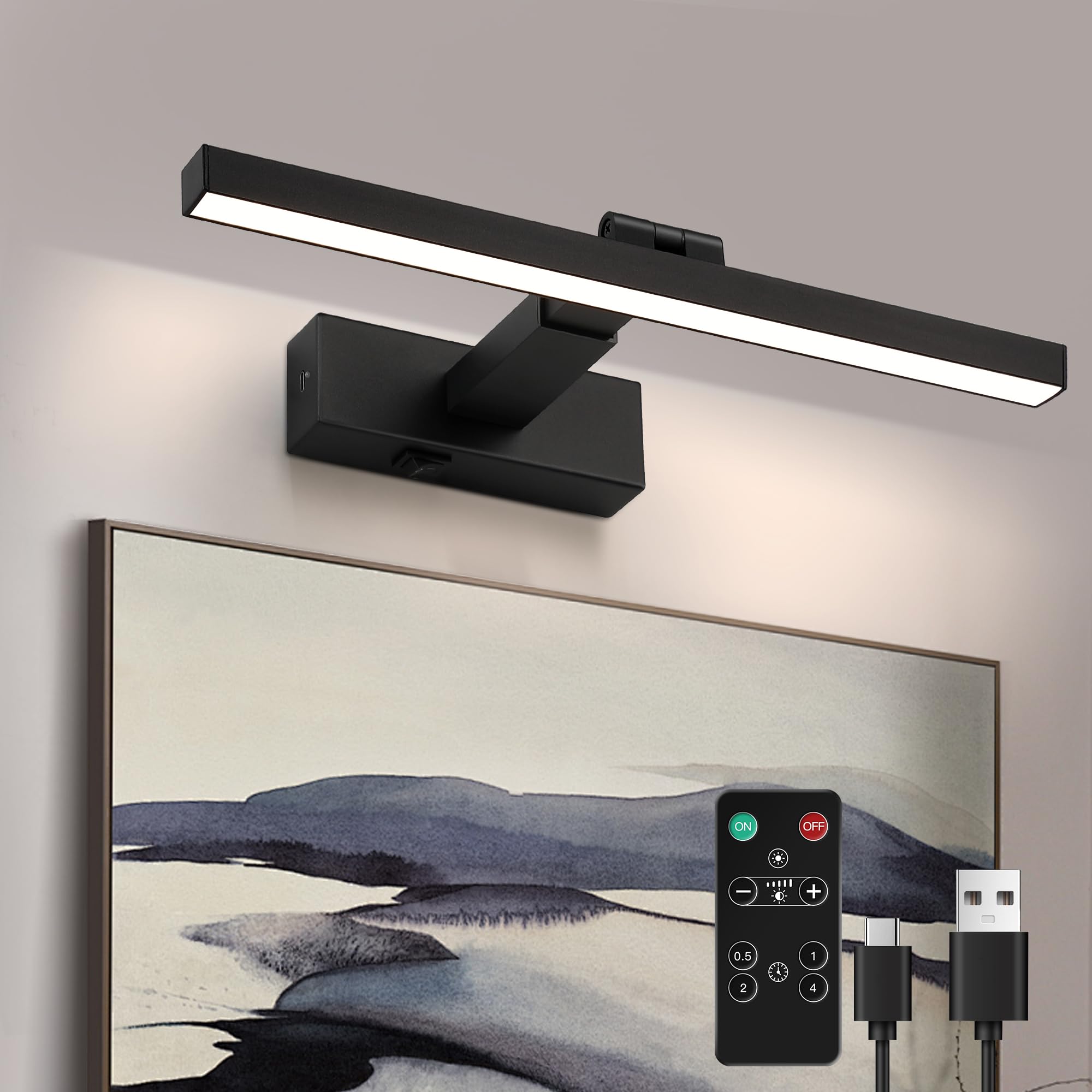 Photo 1 of ZitoStory Black Battery Operated Picture Light with Remote,Wireless Dimmable Art Lights for Paintings Rechargeable Gallery Light Artwork Lighting for Canvas, Portrait (16Inch)