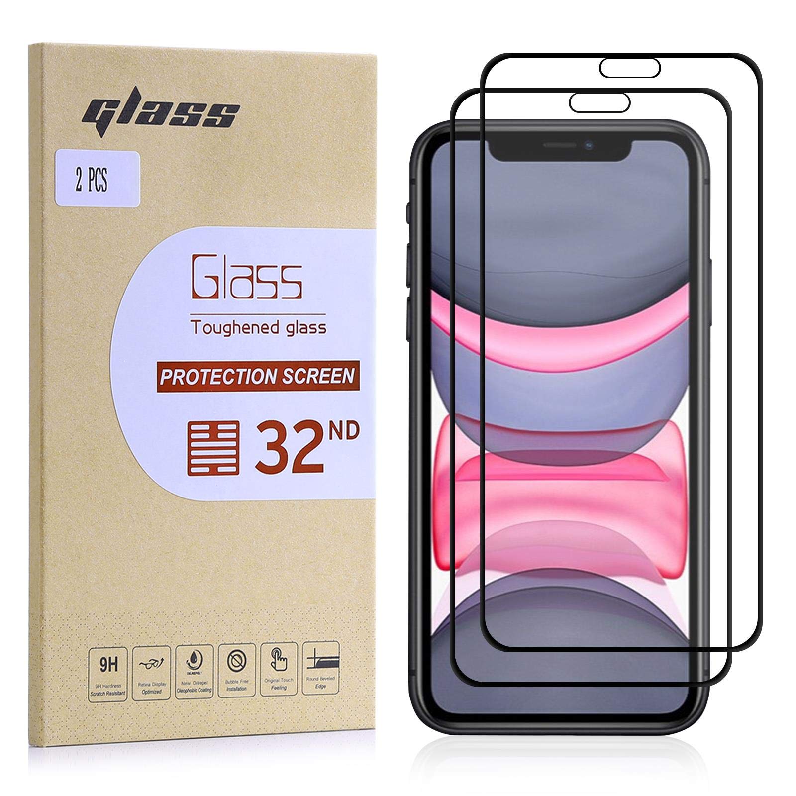 32nd Screen Protector, [Bubble Free Installation], Tempered Glass Screen Protector for Apple iPhone 11 (6.1") [2-Pack]