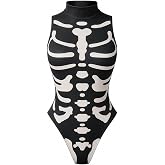 paloli Glow in the Dark Skeleton Bodysuit for Women | Sleeveless, Mock Neck, Halloween Costume, Stretchy Front and Back Bone Print, Gothic Cosplay Festival Outfit