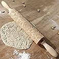 Wooden Rolling Pin, Rose Flower Embossed Engraved Carved Rolling Pin, Valentine's Day DIY Cookies Biscuit Fondant Cake Dough Roller Baking Tool (Wood color)
