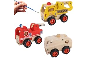 Glintoper Woodworking Building Craft Kit, Set of 3 DIY Carpentry Construction Vehicles Wooden Toy for Boys Girls, Easy Assemble Crane, Fire Truck and Garbage Truck, 3D Art Craft Wood Toys for Kids