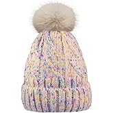 Fulcyla Winter Knit Beanie Hat for Girls Women Parent-Child with Faux Pom Warm Fleece Lined