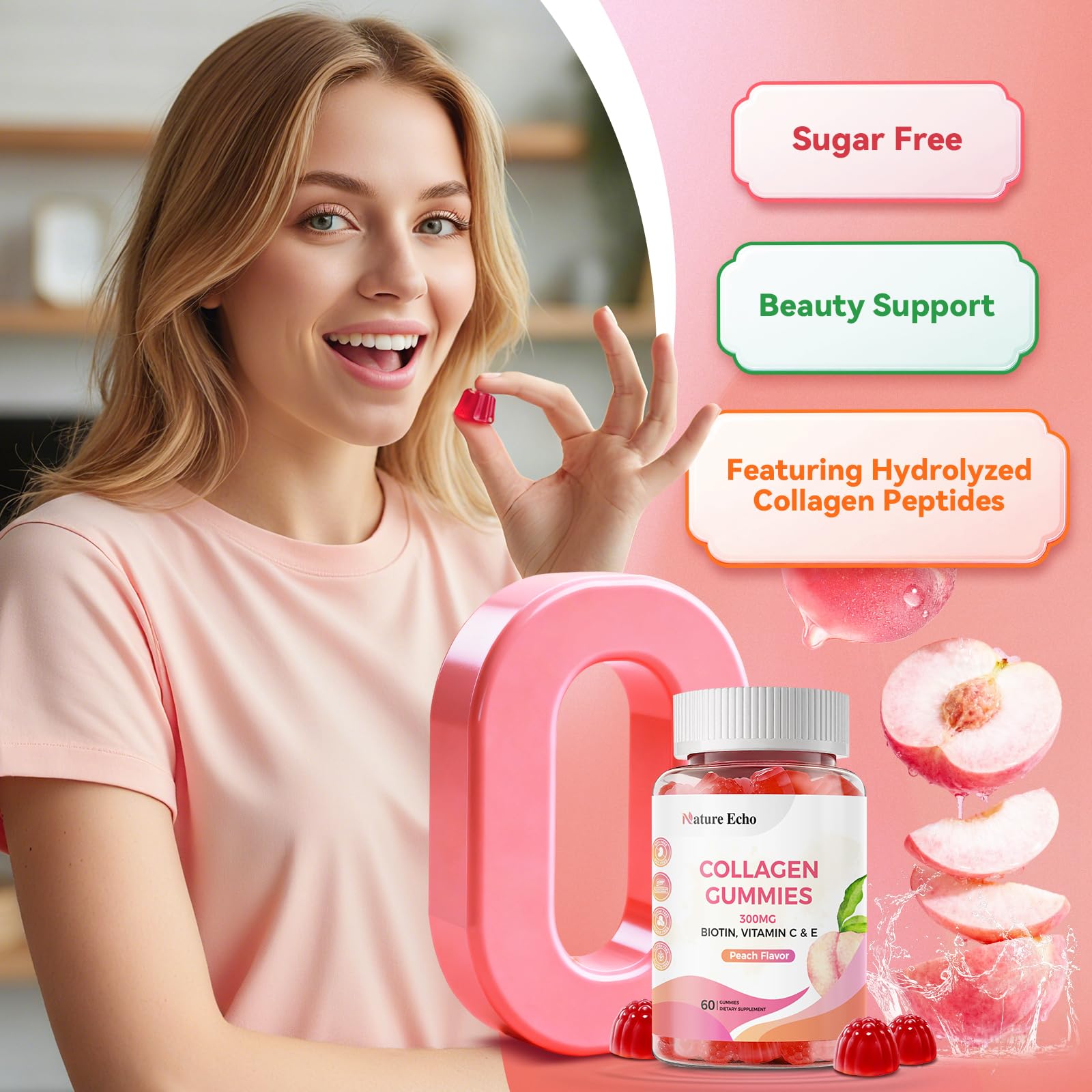 Nature Echo Collagen Gummies with Biotin, Vitamin C & E, 300mg Hydrolyzed Collagen Peptides for Hair, Skin & Nail Support, Peach Flavor, Sugar Free, Gluten Free, 30 Day Supply