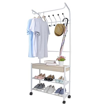 Hapilife 4 In 1 Contemporary Metal Coat Stand On Wheels With 1