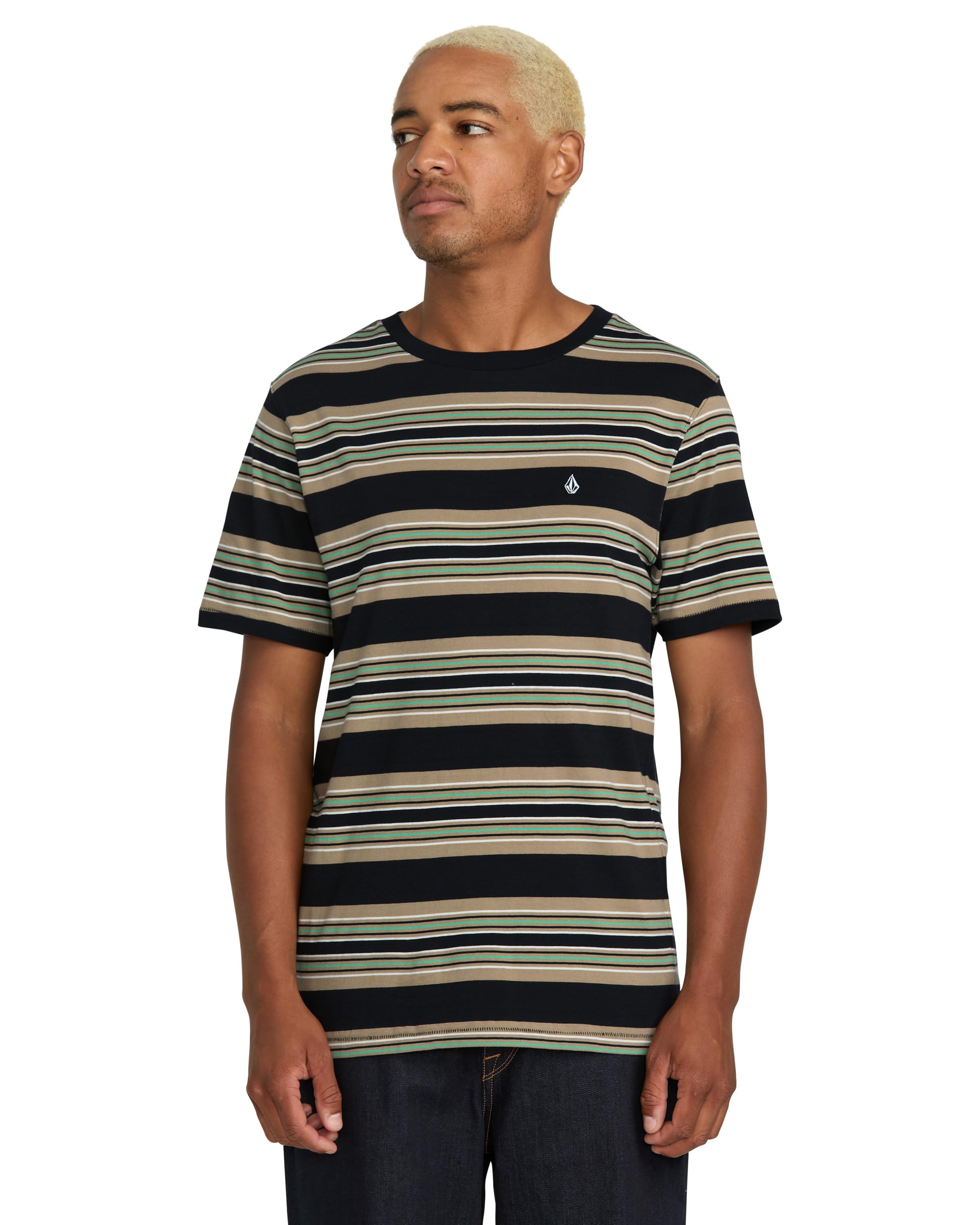 Volcom Men’s Taction Crew Short Sleeve Tee – 100% Cotton Yarn-Dyed Stripe Shirt, Black, X-Small