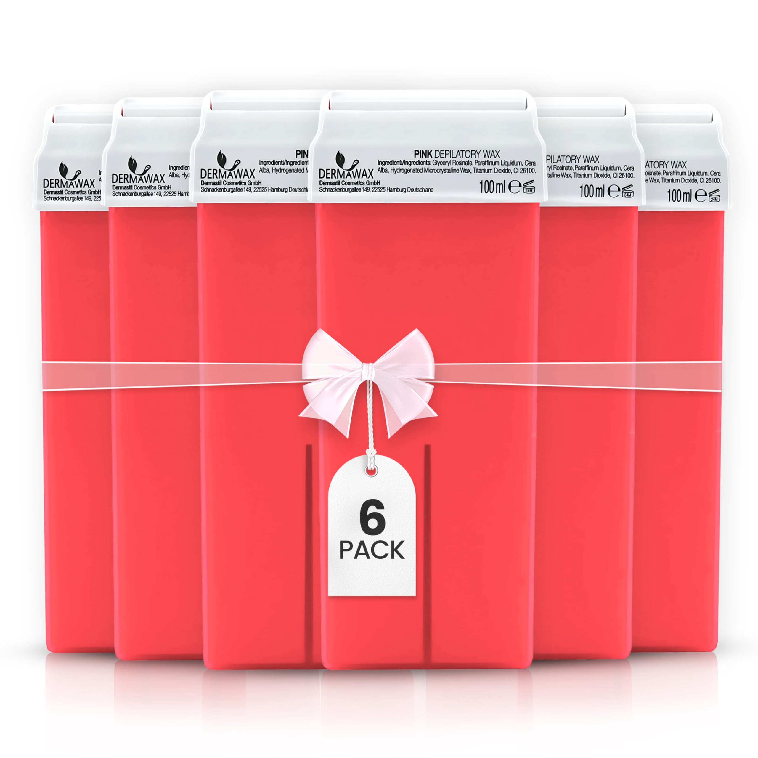 DERMAWAX 6x100ml Pink Roll On Wax Cartridges Refill – Soft Creamy Wax for Sensitive Skin – For Use with Roll-On Wax Heater & Non-Woven Strips (Not Included) – Legs, Arms, Underarms, Chest & Back