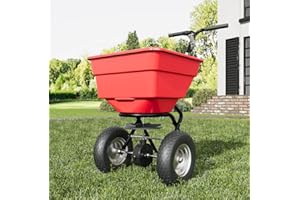 PIAOMTIEE Fertilizer Grass Seed Spreader, Lawn Seed Broadcast Spreaders for Lawns, Earthway Grass Seeder with Rubber Wheels, Steel Pipe, Adjustable Discharge Hole, 100 Lbs Capacity, Red + Black