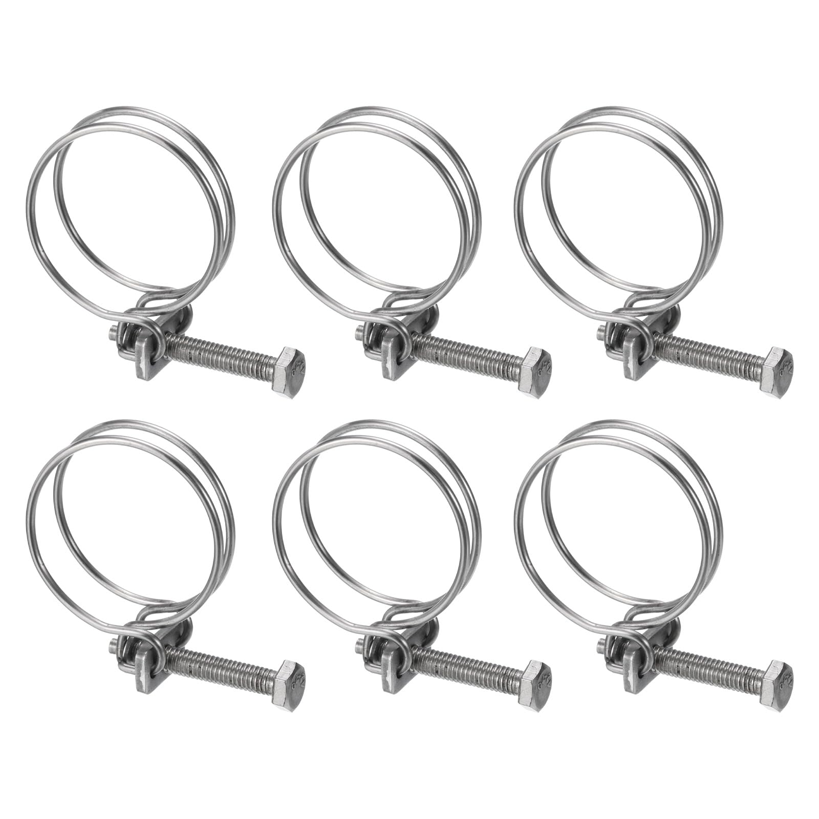 Photo 1 of uxcell 6Pcs Double Wire Hose Clamps, 40-45mm Adjustable Stainless Steel, Silver