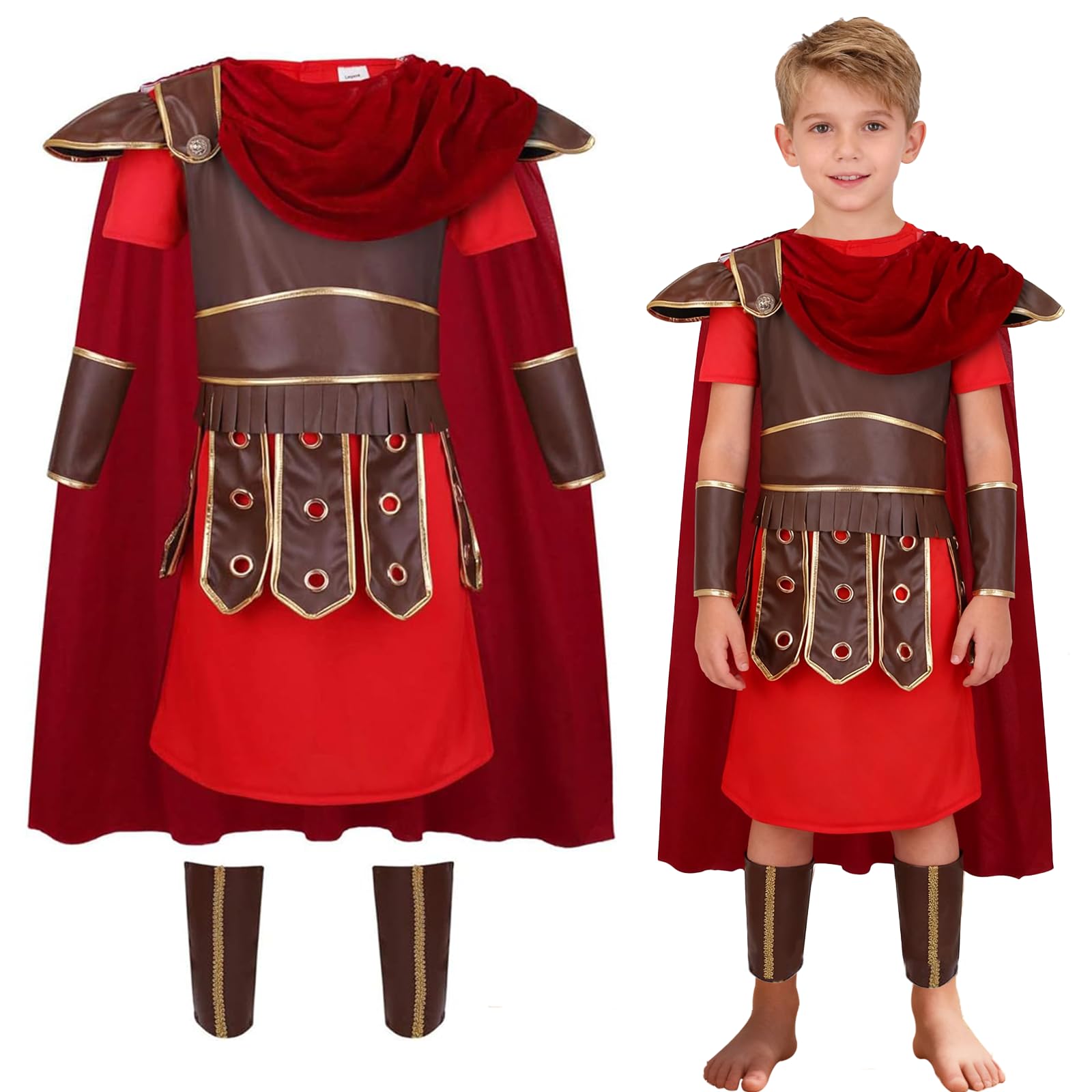 maxToonrain Roman Soldier Costume for Kids Centurion Gladiator Outfit Viking Medieval Greek Historical Theme Role Playing Party - Includes Tunic, Armour, Cape, Arm and Leg Guards (Red, 9-10 Year)