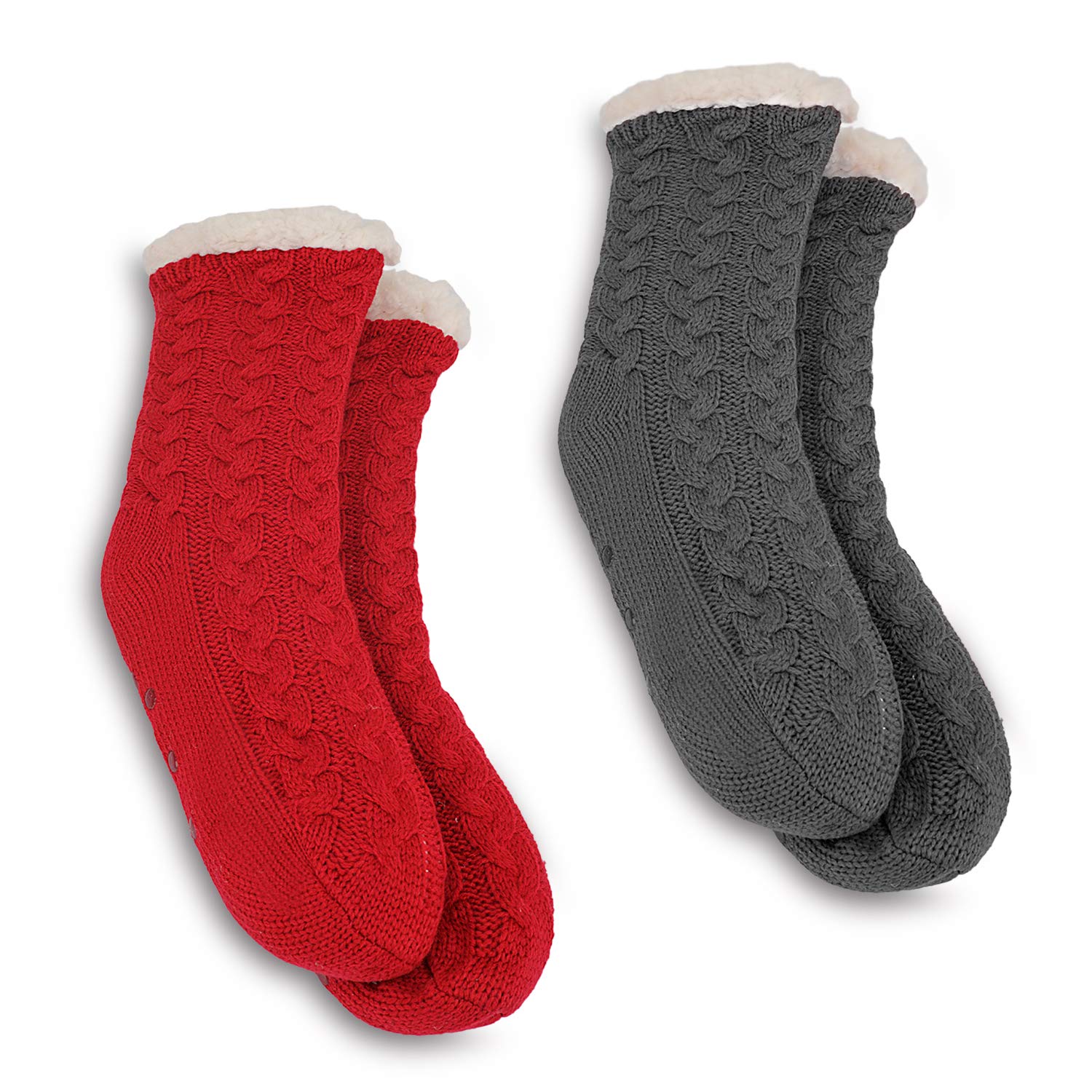 2 Pairs Women Fleece Lined Socks Cozy Fuzzy Winter Twist Slipper Socks with Gripper