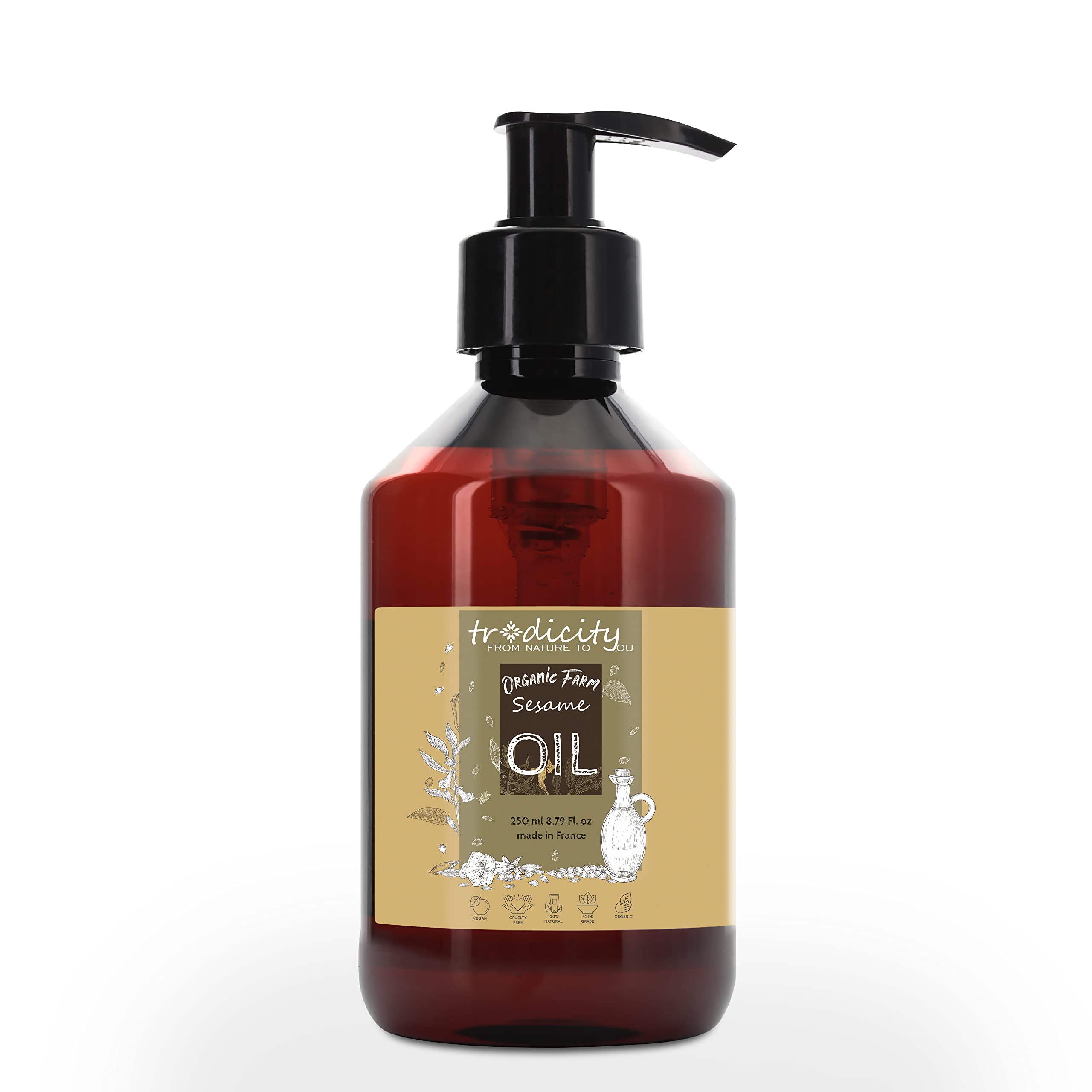 Sesame Seed Oil,Certified Organic, Cold Pressed, Premium Vegetable 100% Pure, Non-GMO, Vegan, Massage, Skin & Hair Care, Ayurvedic Experience 250 ml