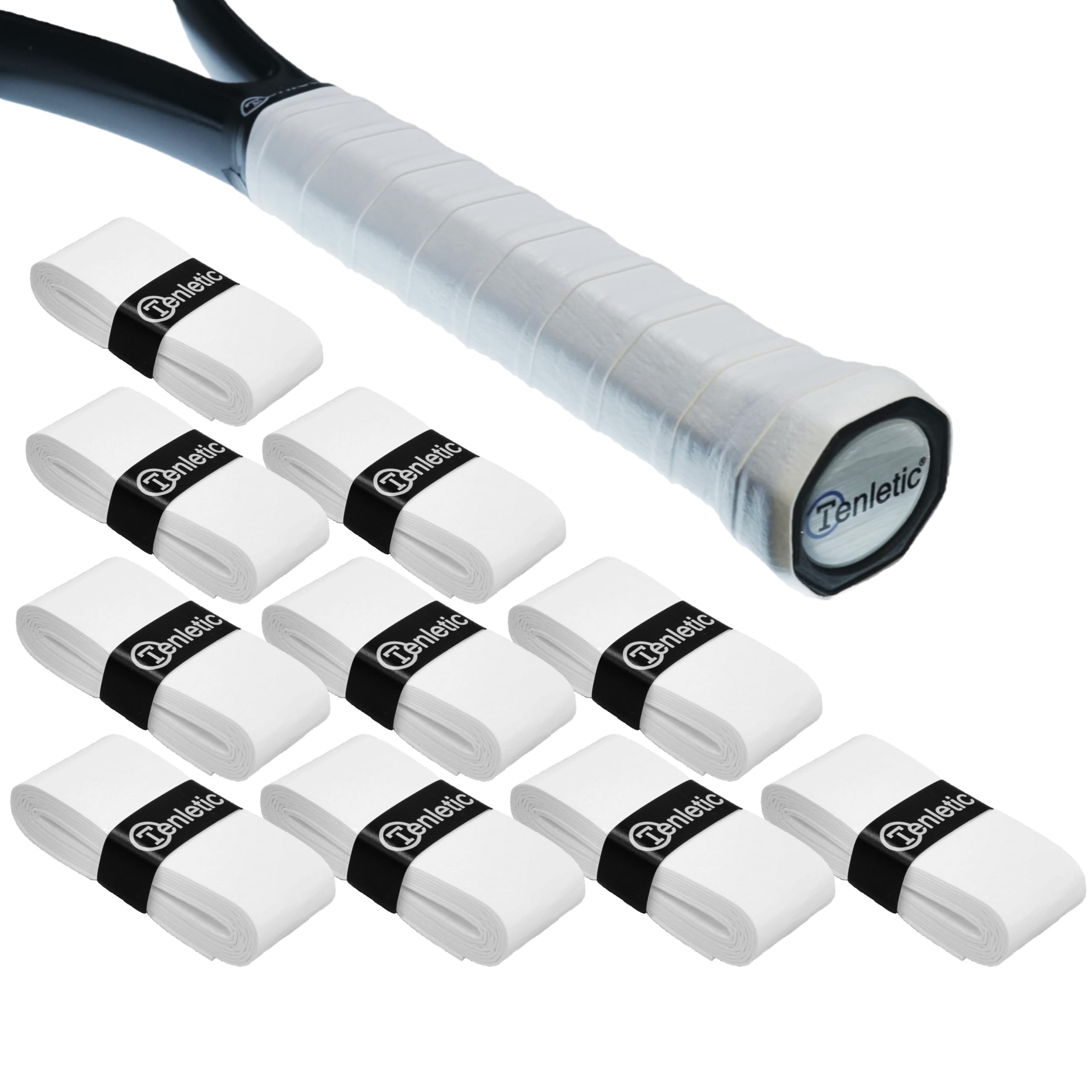 Tenletic Professional Racket Overgrip Tape - 0.55 mm Thickness – Anti Slip Tacky Overgrip Tape for Tennis, Squash, Badminton and Other Racquet Sports (10-Pack White)