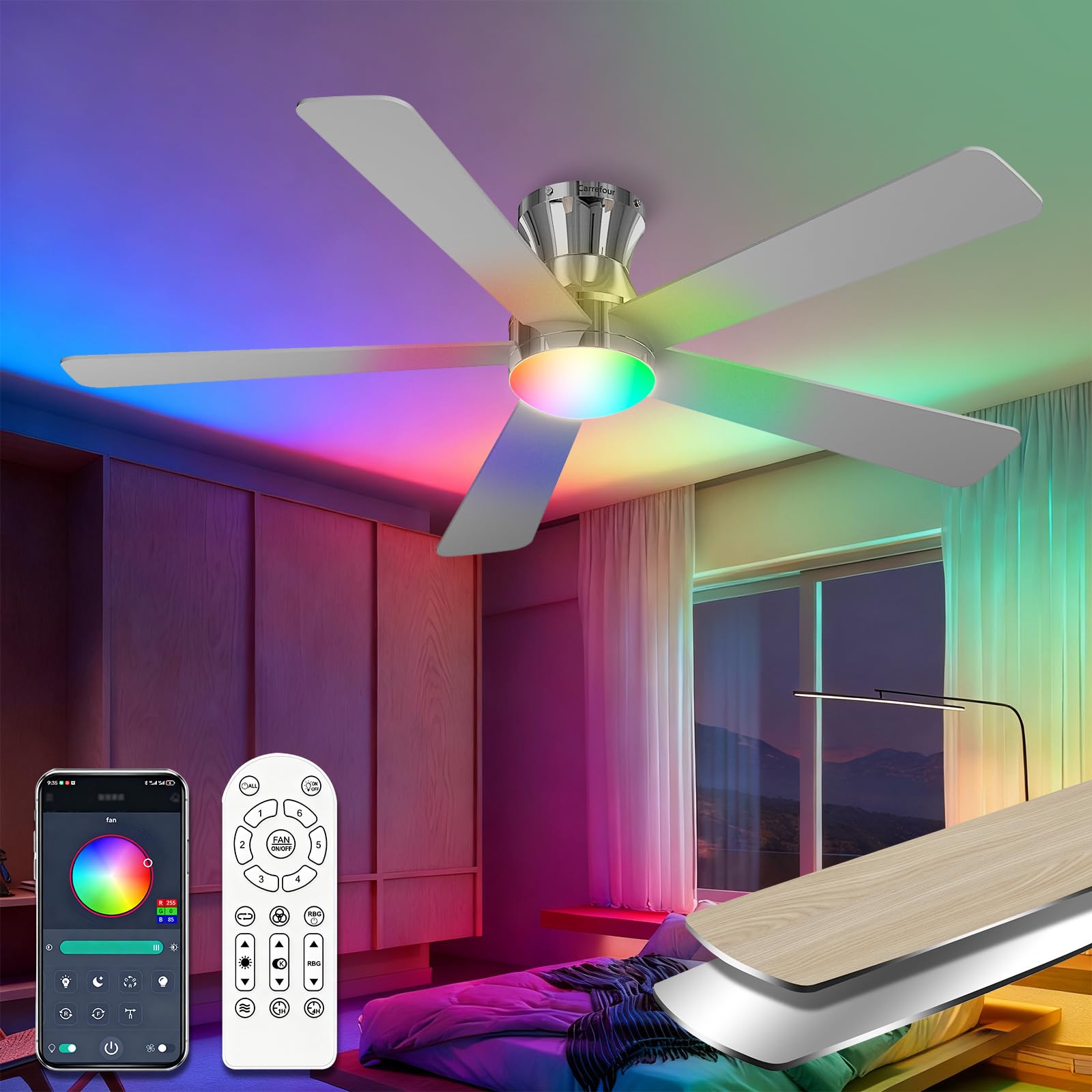 Photo 1 of Carrefour 48 Inch Ceiling Fans with Lights Remote and App Control, Low Profile Flush Mount Modern Ceiling Fan with RGB Light, 6 Speeds Reversible DC Motor, Dimmable 3 CCT for Bedroom, Living Room