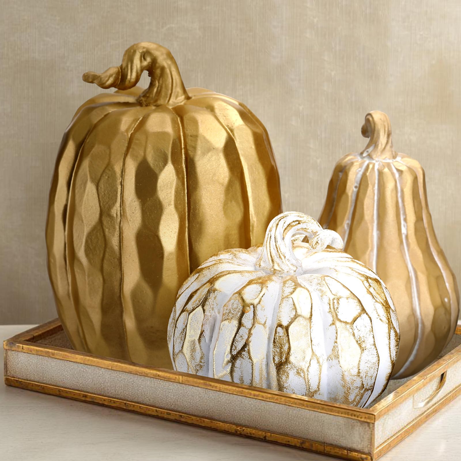 Photo 1 of VioraWhite 3 Pack Fall Pumpkin Decor White and Gold Resin Pumpkin Figurine Thanksgiving Table Artificial Decorations for Autumn Harvest Home Indoor Farmhouse Kitchen