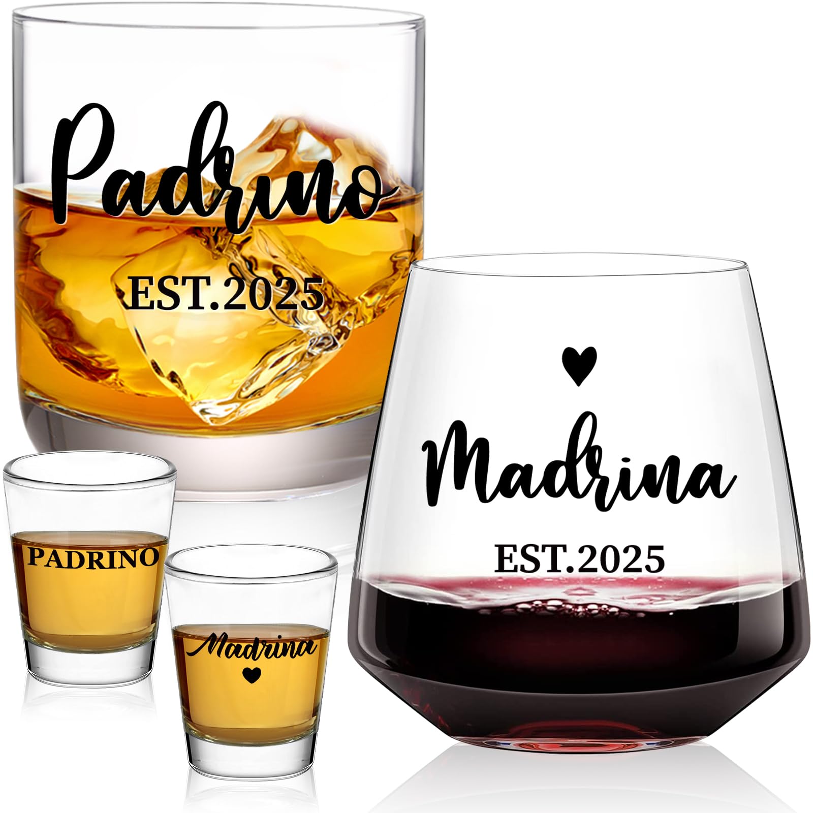 Photo 1 of ** 3 PCS ** Physkoa Set de Regalo para Padrinos – Copas de Vino, Whisky y Shots (4 Piezas) – ¿Quieren ser mis padrinos? – Propuesta para Madrina y Padrino de Bautizo o Comunión – Madrina y Padrino Proposal Gift