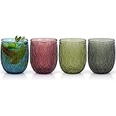 Topsky Vintage Drinking Glass Set of 4,12 oz Embossed Willow Leaf Drinkware Set,Colorful Drinking Glasses Cups Wine Glasses Colored Glassware for Whisky,Beer,Juice,Cocktail,Heavy Duty