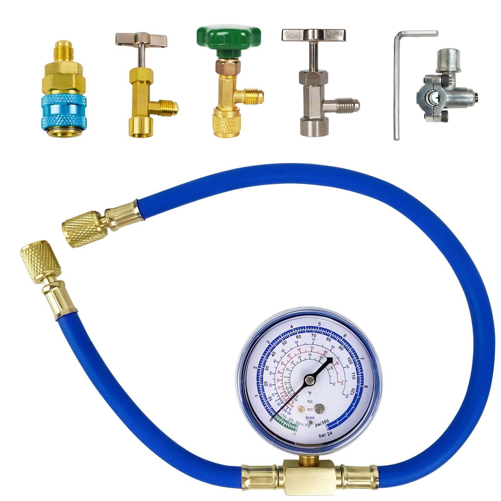 Photo 1 of BACOENG R134a Refrigerant Recharge Kit, AC AUTO R134a/R-12/R-22 Freon Refrigerant Hose Can Tap with Gauge, BPV31 Bullet Piercing Valve, R134a Quick Coupler













































