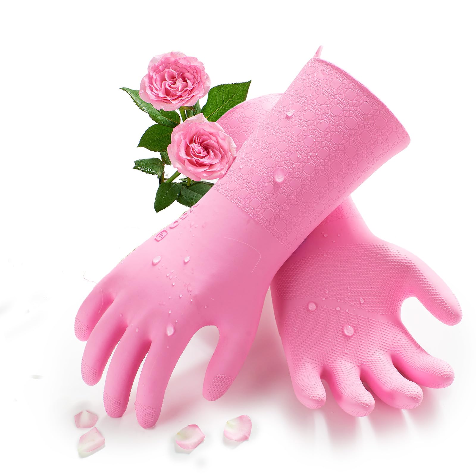 Vgo... Heavy Duty Cleaning Gloves Lined Nylon, Household Gloves Reuseable in TPE Latex Free, Thicker Antislip Washing Up Gloves for Kitchen Bathroom Gardening Painting, with Flower Flavor, 1 pair
