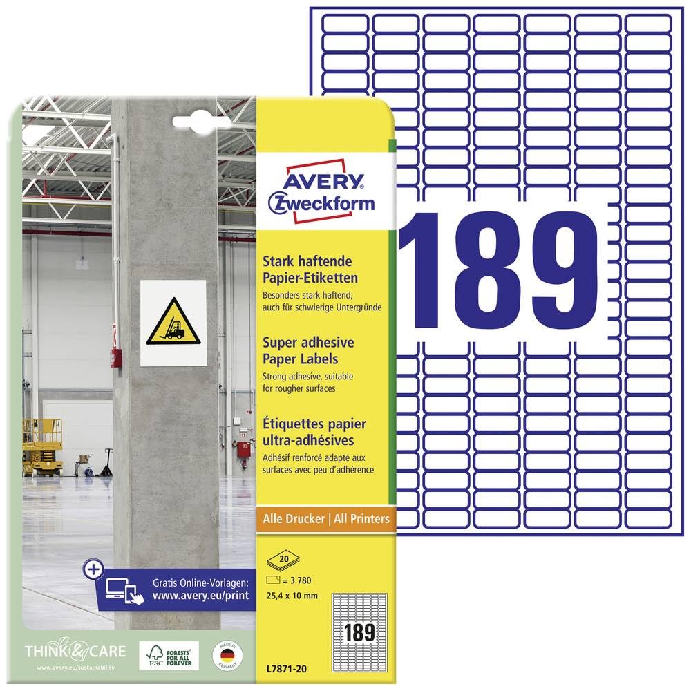 Avery Zweckform L7871 Adhesive Labels 25.4 x 10 MM, 20 Sheets/3780 Labels/White