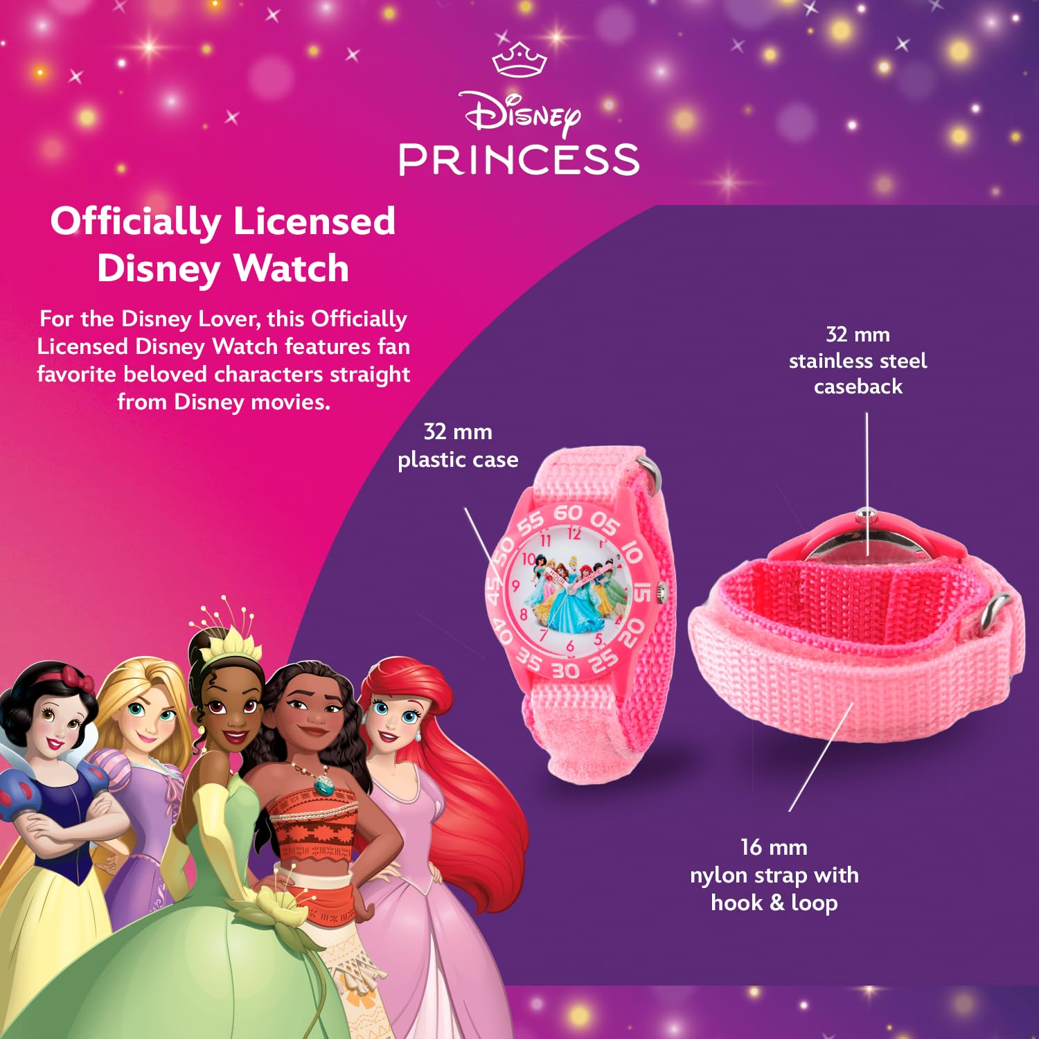 Disney Princess Watch for Girls – Kids’ Princess Watch with Pink Bezel & Purple Nylon Strap – Perfect Toddler Watches for Girls Age 4-7