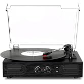 Vinyl Record Player with Built-in Speakers, 3-Speed Vintage Turntable Bass Control, Headphone Jack, RCA-Out/Aux in, Belt-Driven LP Player, Black Wood