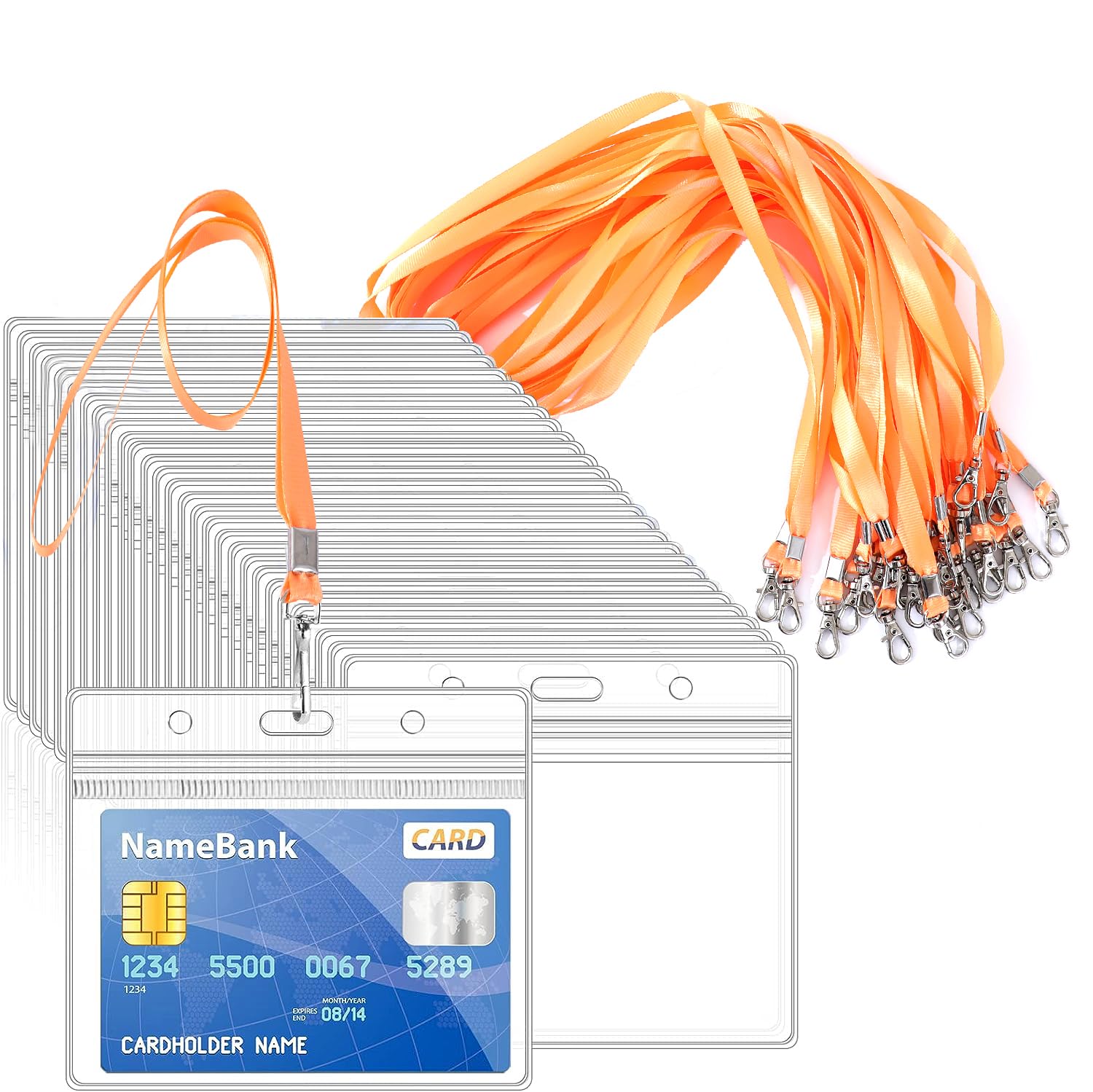 50pcs Orange Lanyards for Neck with 50pcs Card Holder, Clear Plastic ID Card Holder and Lanyard, Horizontal Sealable Waterproof Name Badge Holders with Lanyard for ID Cards, Office, School, Bus Passes