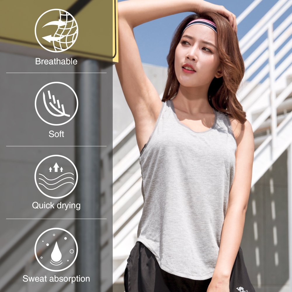 Camel Yoga Workout Tank Tops Women Sleeveless Dry Loose Fit Racerback Activewear Scallop Bottom Color Grey Size L
