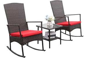 Rattaner Outdoor 3-Piece Wicker Rocking Chair Set Patio Bistro Set Conversation Furniture 2 Rocker Chair and Glass Coffee Side Table Mix Brown Rattan Red Cushion