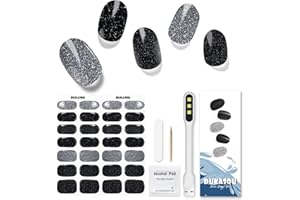 DUKASOU Semi Cured Gel Nail Strips, 28pcs Black Glitter Gel Nail Strips with UV Light, Long lasting Gel Nail Stickers Full Nail Wraps for Women Girls Kids Diy, Includes Prep Pads, Nail File&Wood Stick