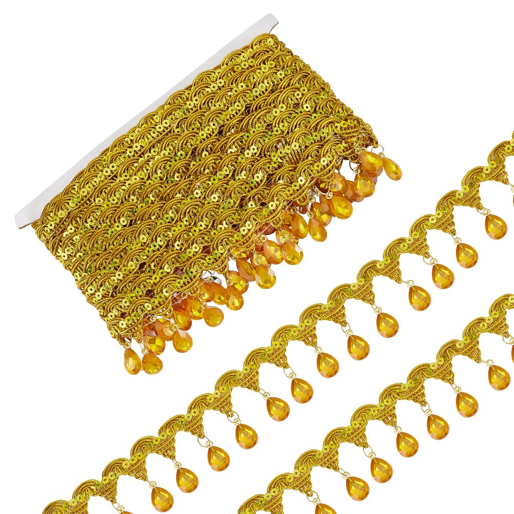 FINGERINSPIRE 9.8Yards/9M Hanging Beads Fringe Lace 48.5mm Wide Gold Rhinestone Bead Fringe Trim Polyester Sewing Fringe Tassel Trim by The Yard for Handmade DIY Clothing Curtain Decoration