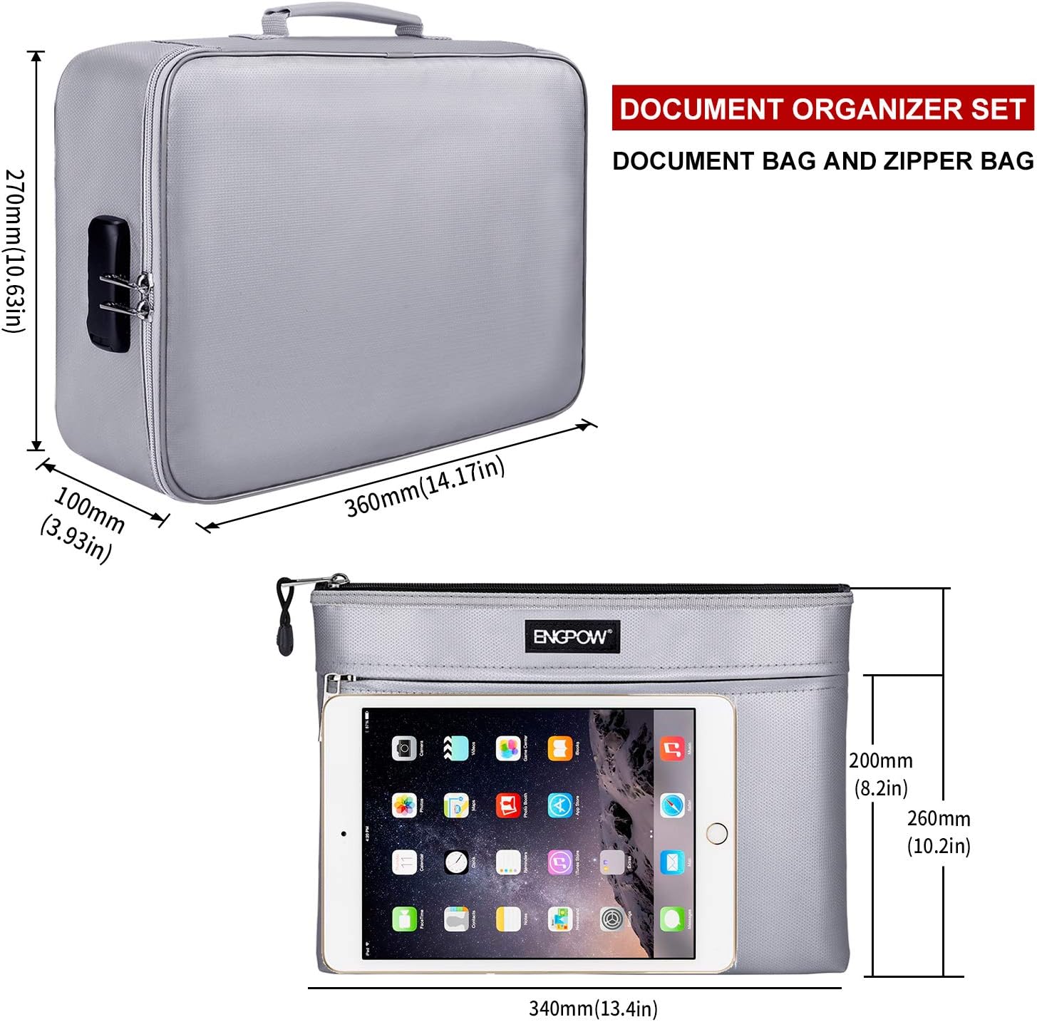 ENGPOW File Storage Bags, Fireproof Document Organizer Bag with Money Bag, Home Office Travel Safe Bag with Lock, Multi-Layer Portable Filing Storage for Important File Passport Certificates : Office Products