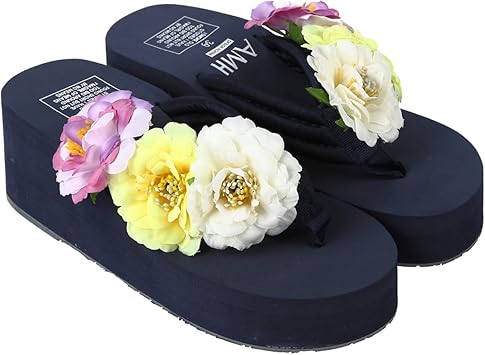 Amazon Co Jp Elefang フラワー付き 厚底サンダル レディース ビーチ サンダル 旅行 リゾート 海 プール 浴衣 普段 履き ネイビー38 スポーツ アウトドア